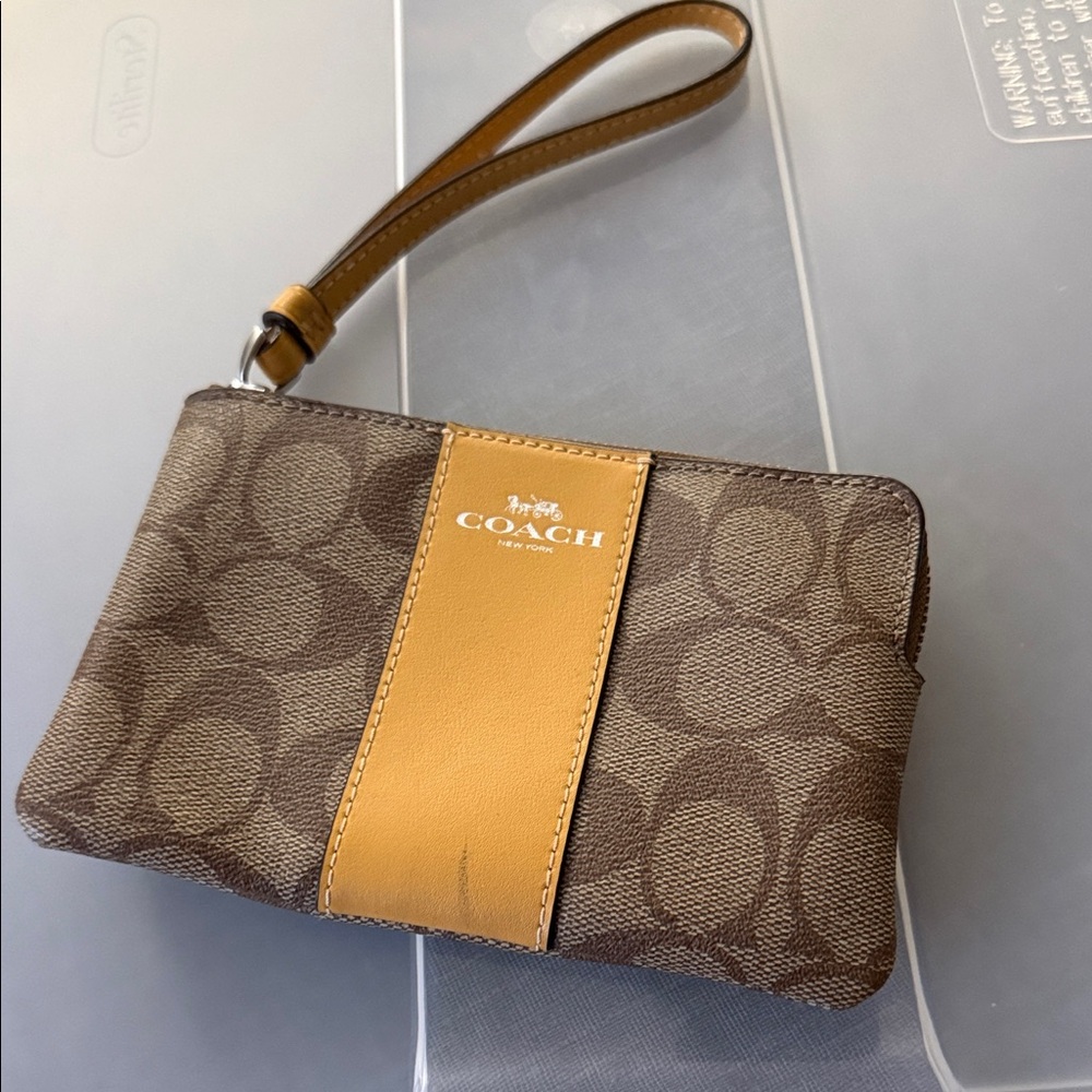 Coach Signature Brown and Gold Wristlet